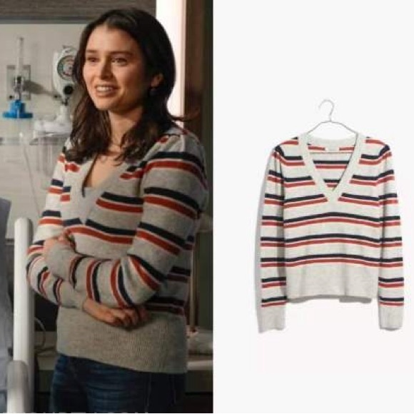 New Madewell V-Neck Sweater Striped Westgate V-Neck Sweater in Coziest Yarn Sz M - Picture 3 of 11